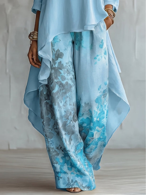 Elara | Blue Asymmetrical Top and Floral Wide-Leg Pants Set