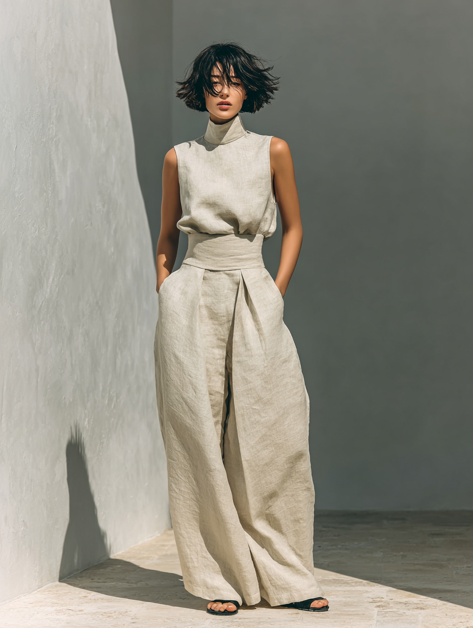 Women's minimalist set in with sleeveless blouse and wide-leg pants