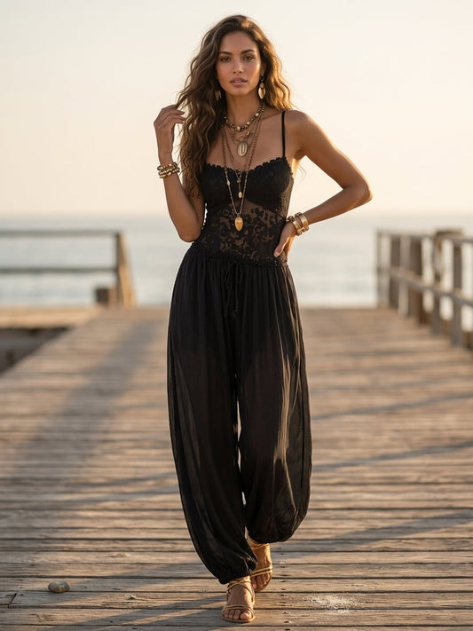 Black Lace Halter Harem Jumpsuit