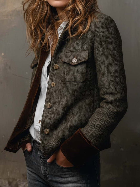 Aurelia | Vintage Herringbone Contrast Trim Blazer