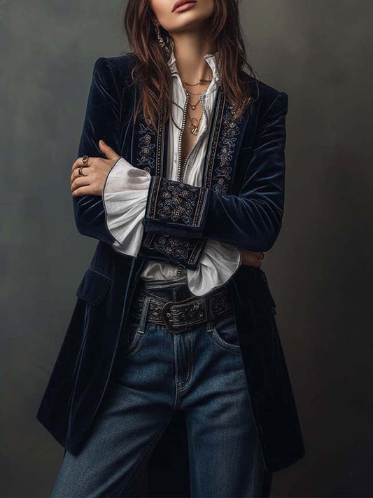 Mira | Vintage Navy Embroidered Longline Jacket