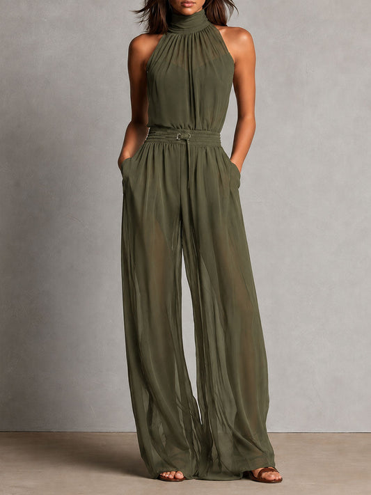 Elegant Black Sheer High-Neck Flare Jumpsuit