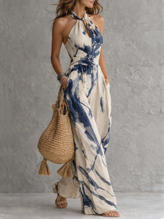 Ink Print Halter Wide-Leg Jumpsuit with Pockets