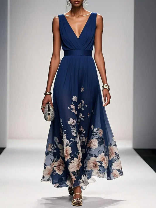 Rose | Light Blue Floral Chiffon V-Neck Maxi Dress