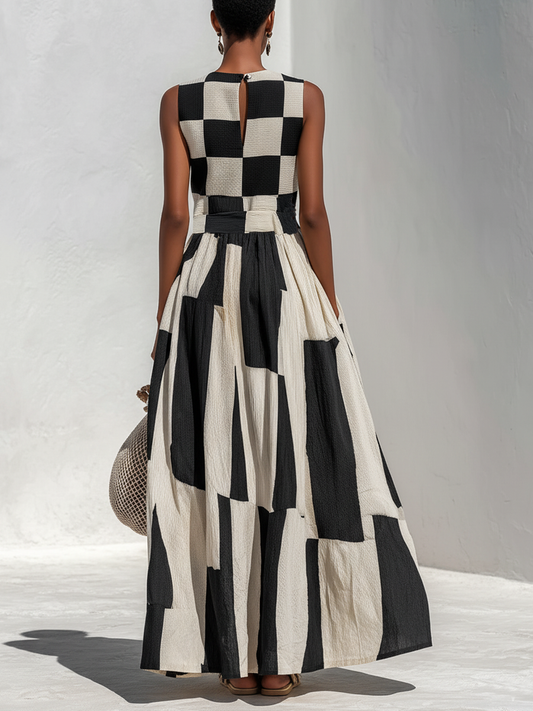Noelle | Fashionable Check and Stripe Pattern Sleeveless Maxi Dress