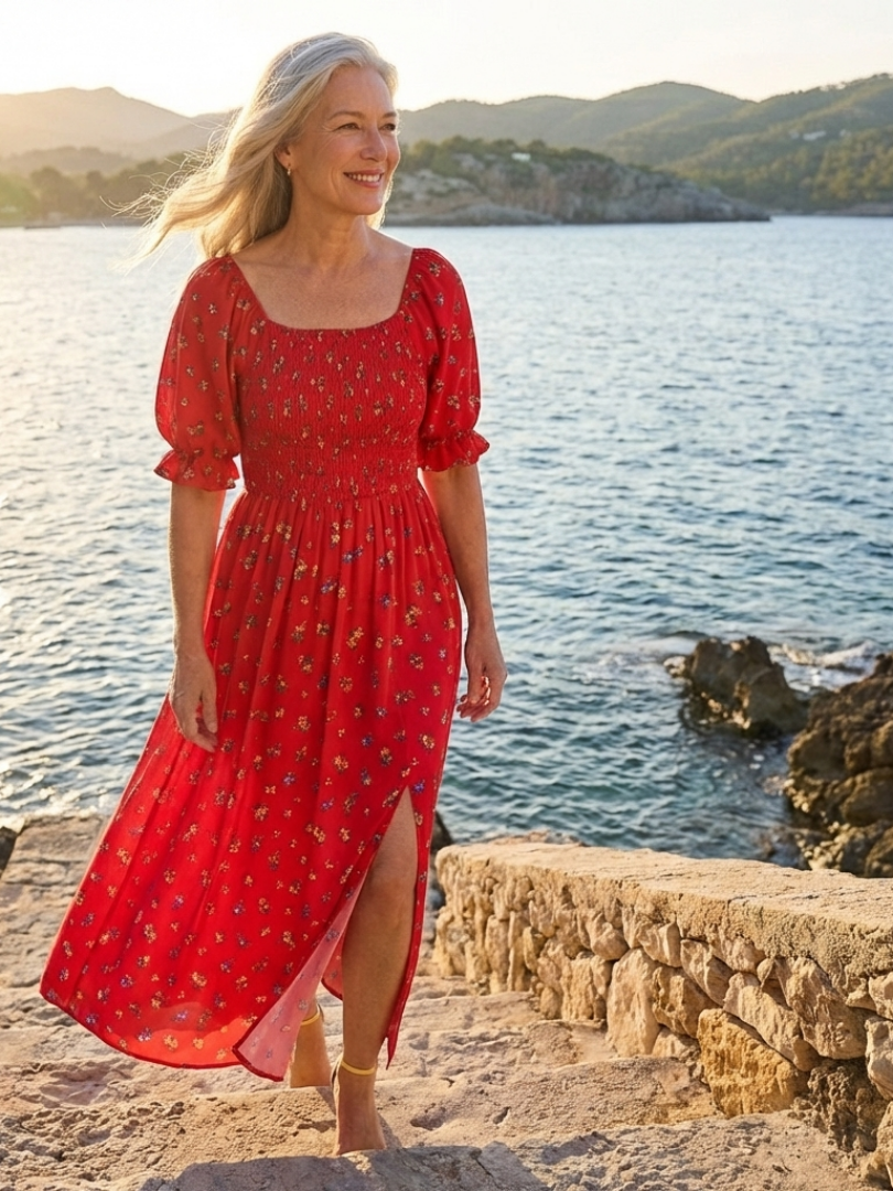 Delphine | Square-Neck Floral Print Midi Dress