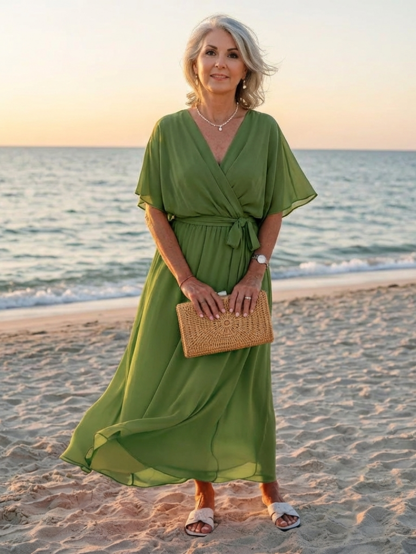 Elysia | Draped V-Neck Tie-Waist Midi Dress