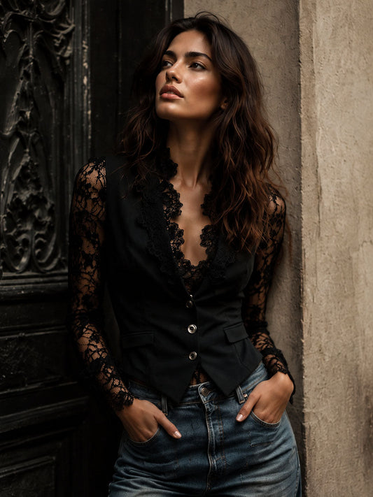 Camille | Black Sheer Sleeve Blazer Top
