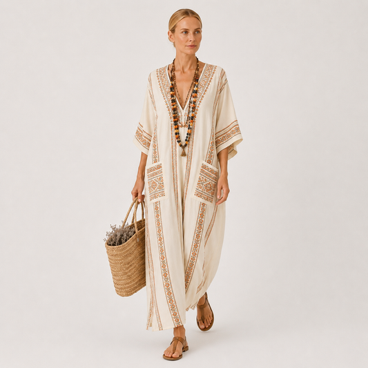 Dalia | Beige Ethnic Print Kaftan