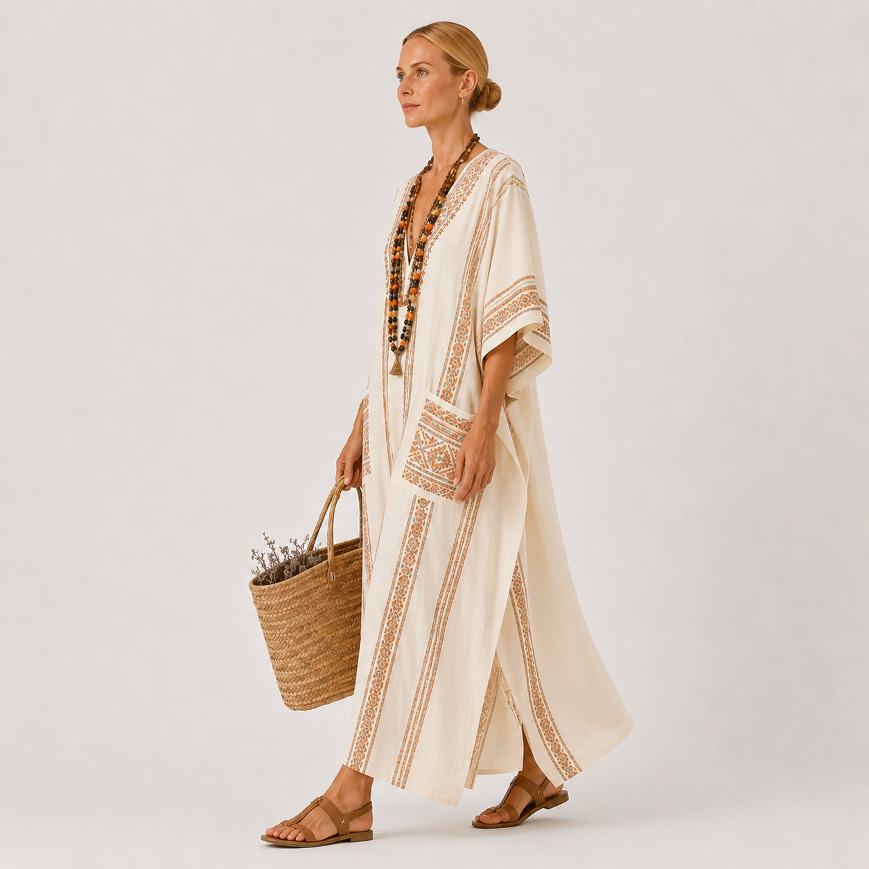 Dalia | Beige Ethnic Print Kaftan
