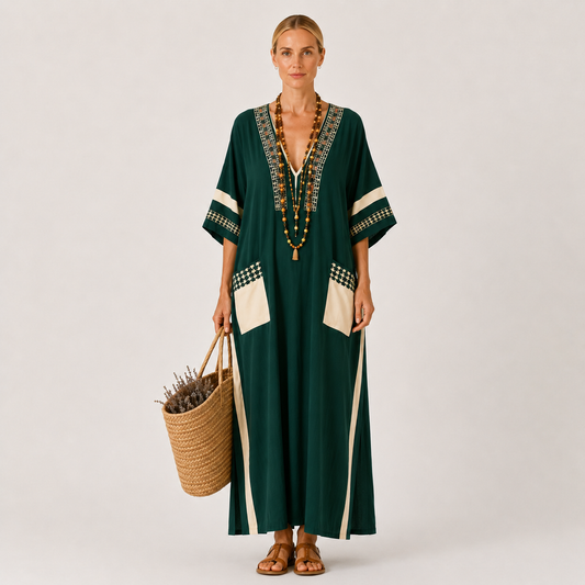 Noor | Green Ethnic Print Kaftan