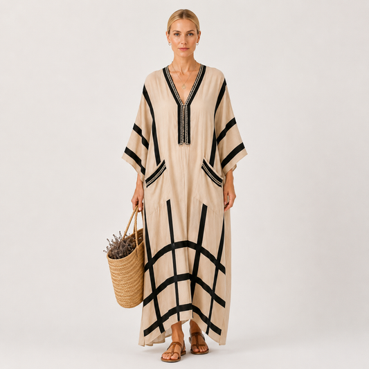 Salma | Beige and Black Striped Kaftan