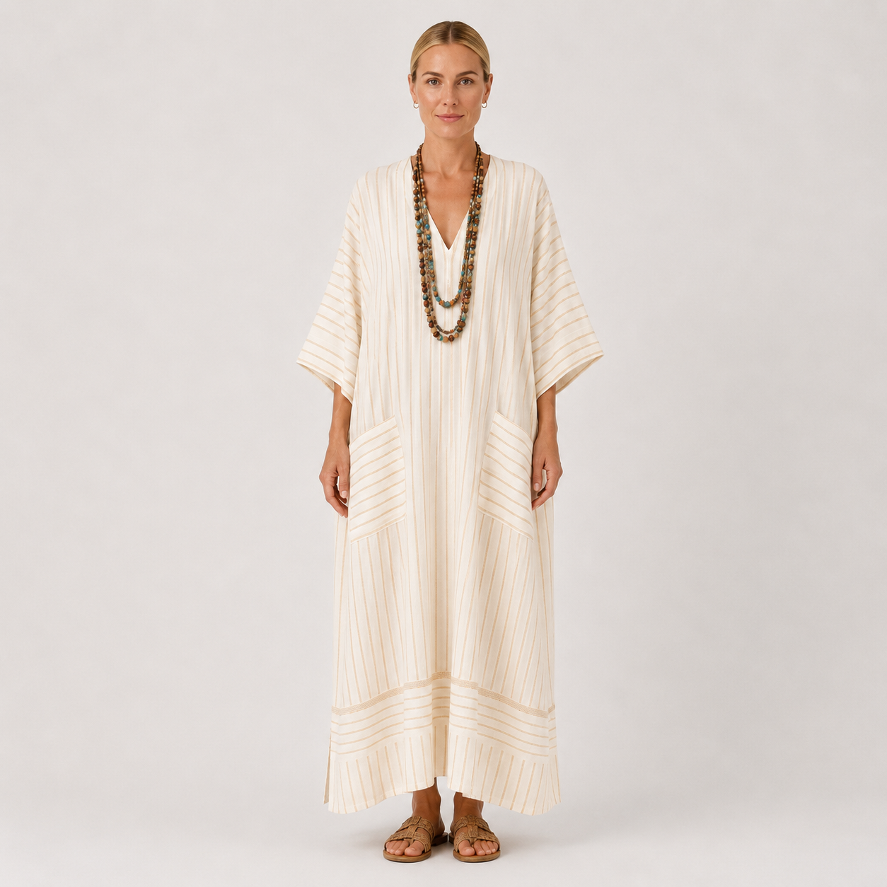Farah | Beige Striped Kaftan