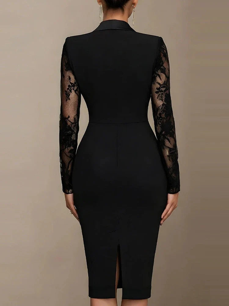 Seraphina | Black Lace Dress with Deep V-neck and Sheer Sleeves