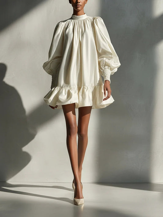 Beige Satin Puff Sleeve Ruffle Mini Dress