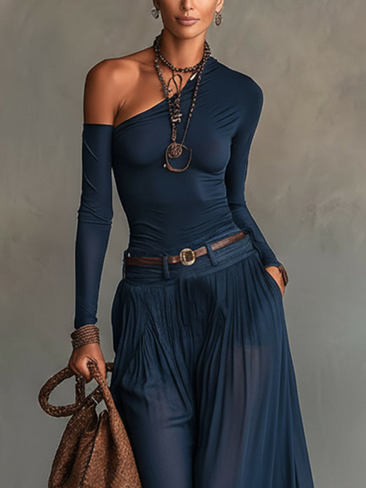 Lore | Navy One-Shoulder Top and Skirt Two-Piece Set