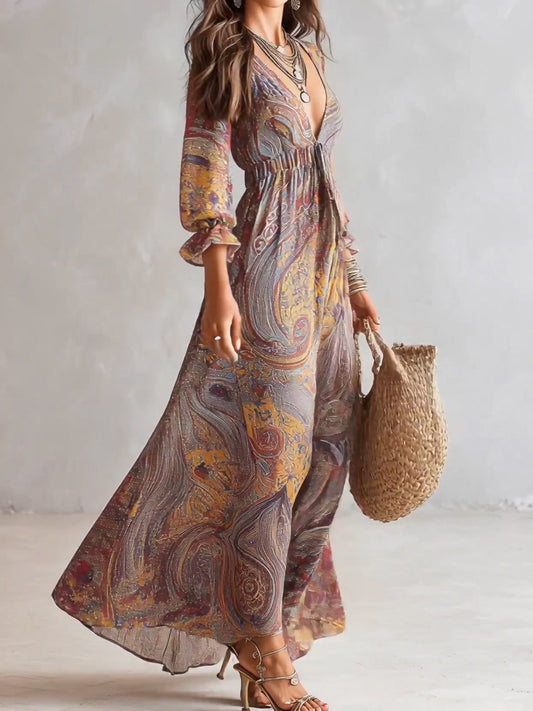 Cosima | Paisley V | Neck Chiffon Maxi Dress