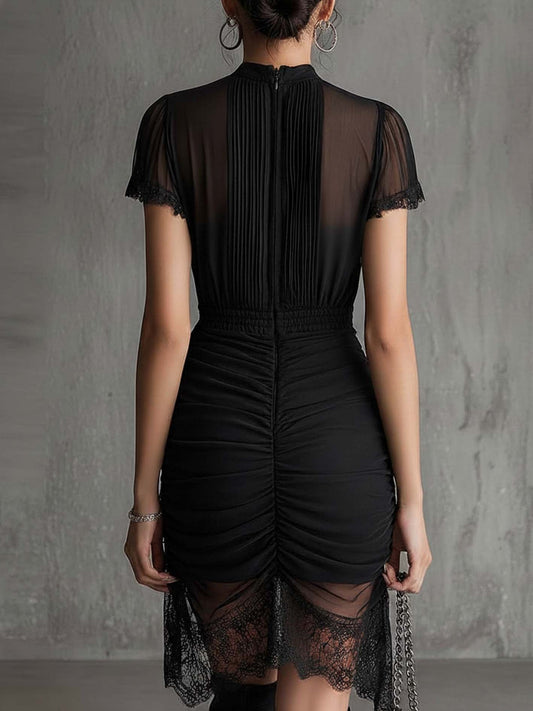 Delphine | Pleated Lace | Trim Chiffon Mini Dress