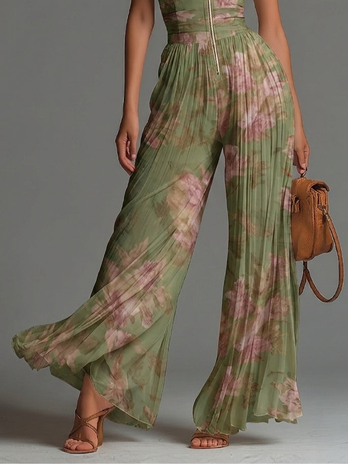 Charlotte | Green Floral Pleated Jumpsuit
