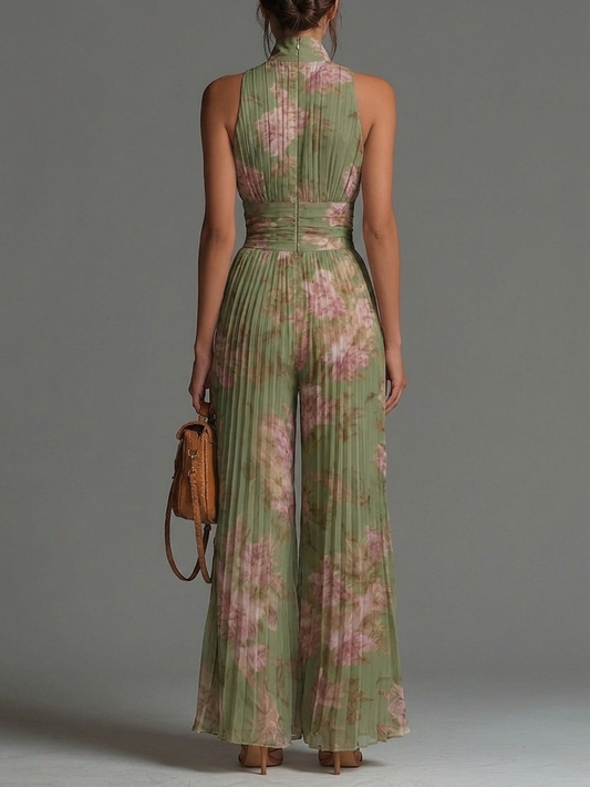 Vivienne | Green Floral V-neck Sleeveless Zip-up Pleated Wide-leg Chiffon Jumpsuit