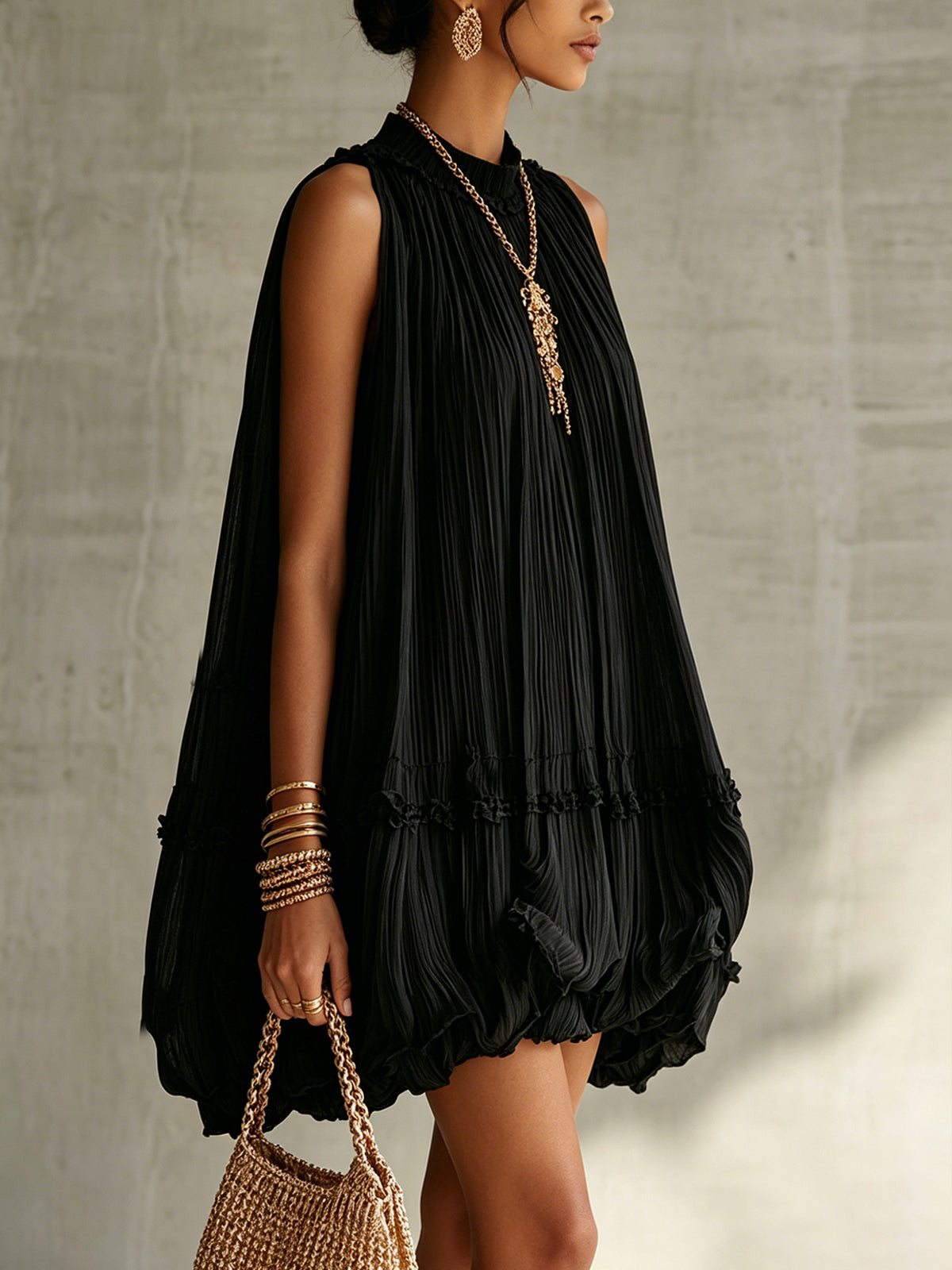 Valentina | Black Pleated Chiffon Mini Dress with Elegant Halternec