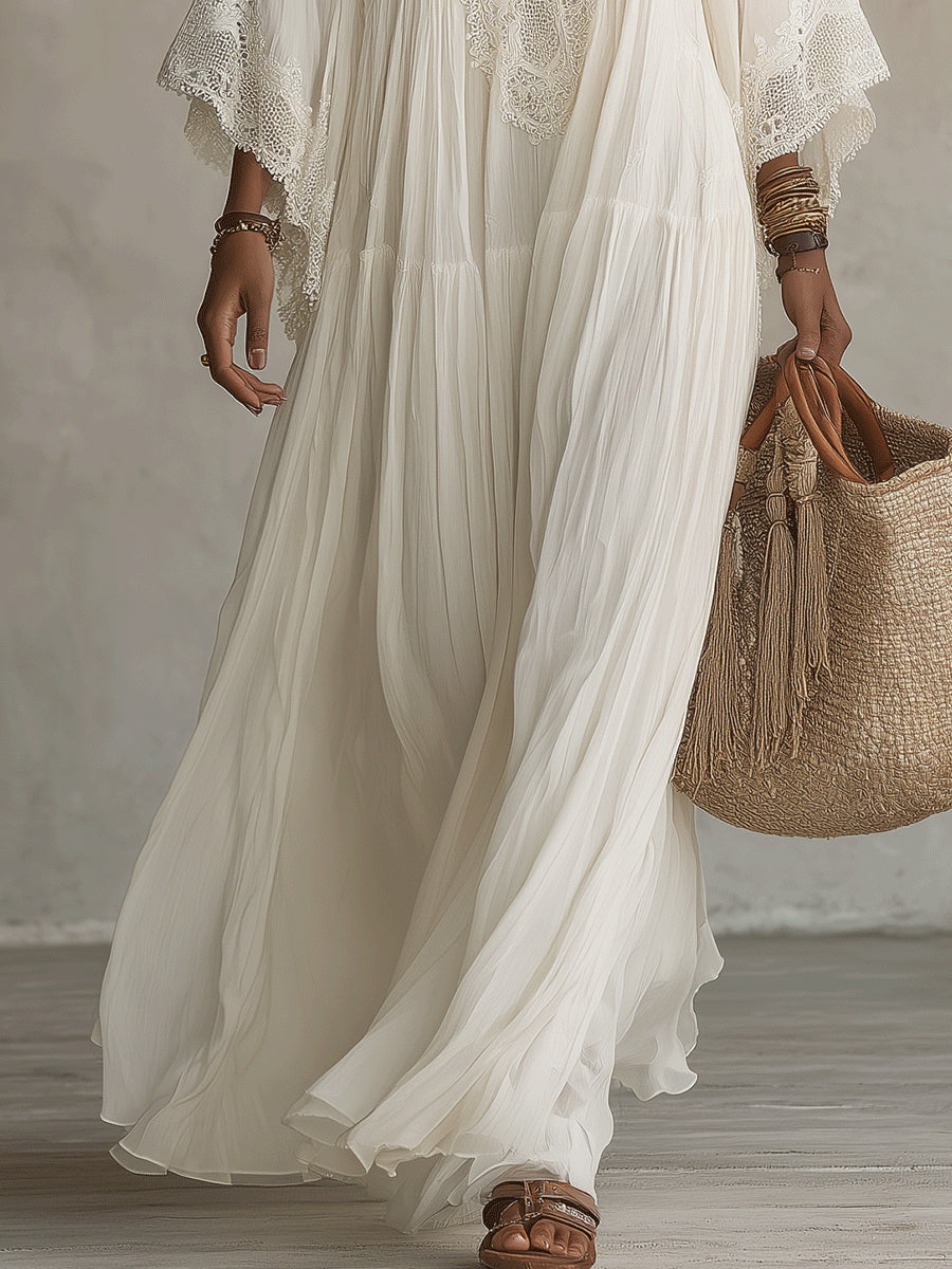 Laurel | White Lace V-neck Batwing Sleeve Chiffon Maxi Dress