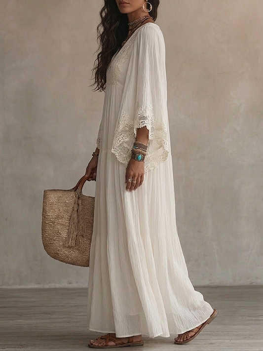 Laurel | White Lace V-neck Batwing Sleeve Chiffon Maxi Dress