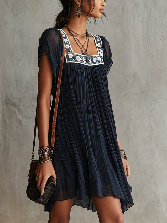 Serena | Navy Blue Floral Embroidered Pleated Chiffon Mini Dress