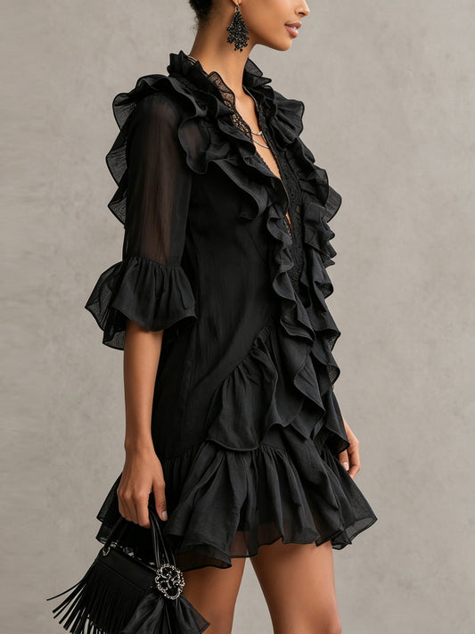 Mary | Black Mini Dress in Chiffon Lace with Ruffles