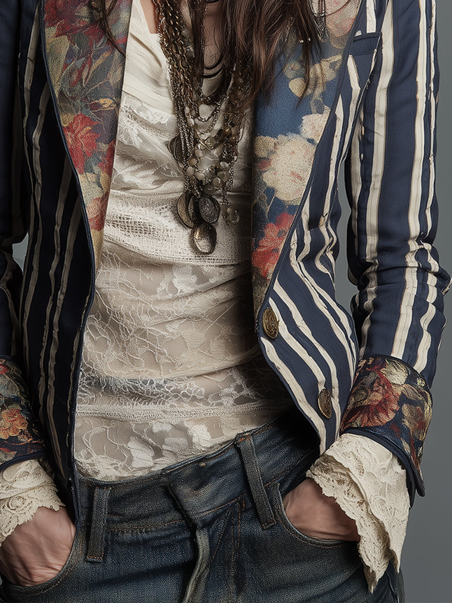 Marina | Boho Floral Print Striped Blazer