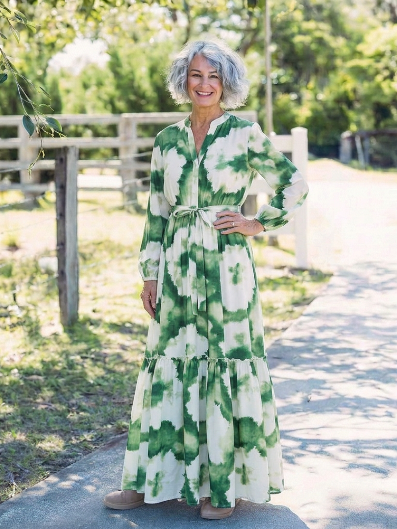 Sabine | Long-Sleeve Tie-Waist Maxi Dress
