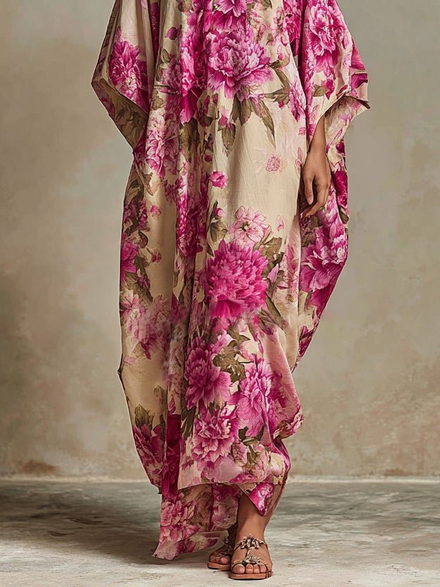 Élise | Floral Art Resort V-Neck Batwing Sleeve Kaftan Maxi Dress