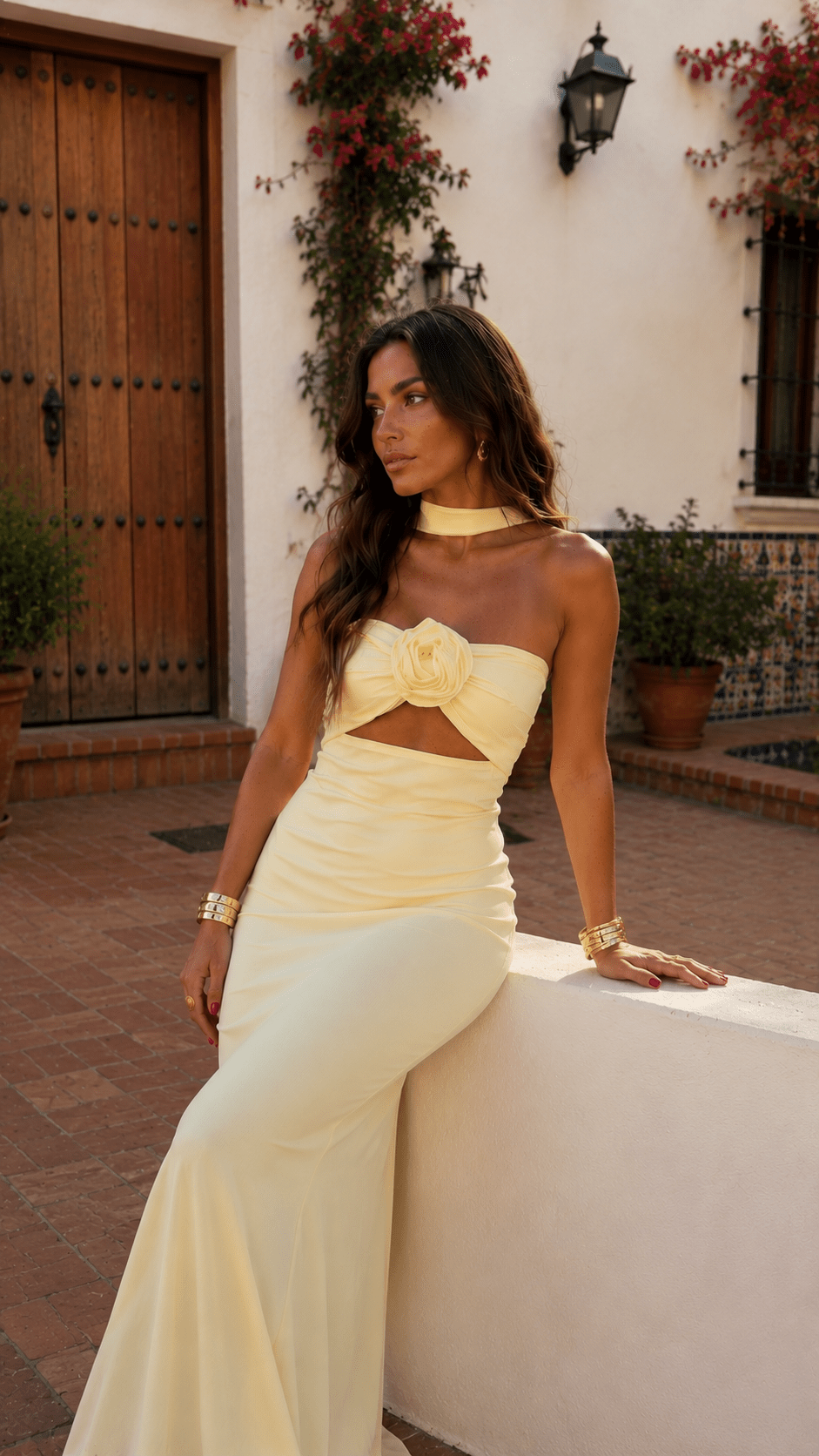 Rose Corsage Halter Maxi Dress