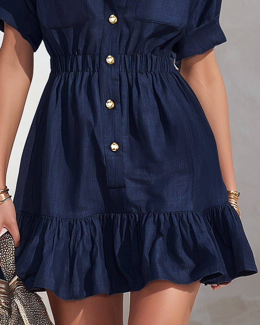 Ortensia | Collared Linen Flared Short Dress