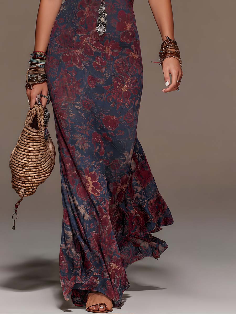 Béatrice | Retro Lace Halter Floral Fishtail Maxi Dress
