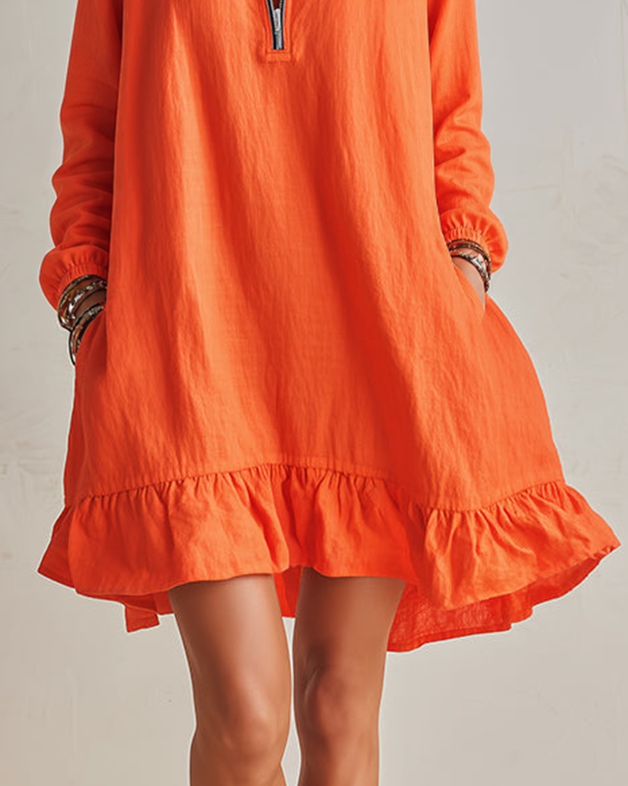 Solaris | Orange Linen-Cotton High-Neck Mini Dress