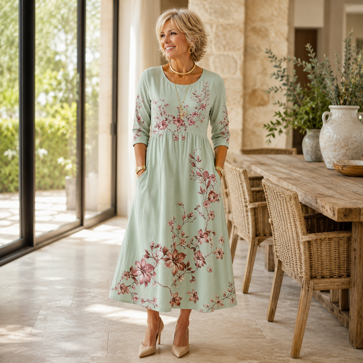 Sage Blossom Grace Pocket Midi Dress - Style 2
