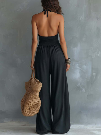 Liza | Retro Lace Halter-Neck Jumpsuit With Pockets