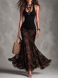 Aurelia | Retro Black Cami and Brown Printed Mesh Skirt Set