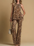 Isla | Elegant Leopard Print Sleeveless Chiffon Top and Flared Pants Set