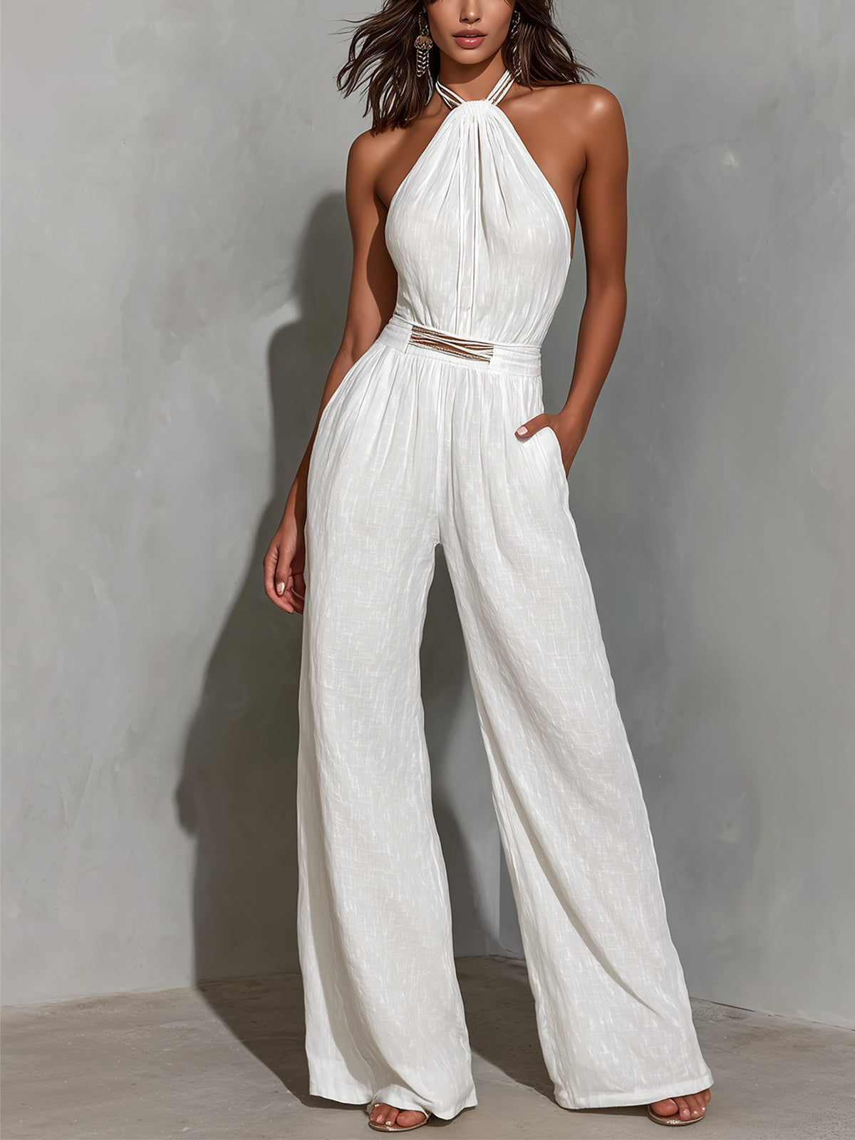 Maeve | White Faux Cotton-Linen Halter-Neck Sleeveless Jumpsuit