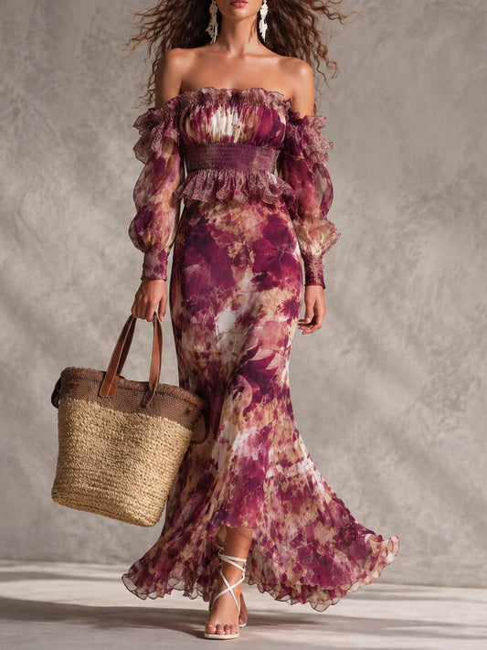 Francoise | Pink Floral Off-Shoulder Chiffon Maxi Dress