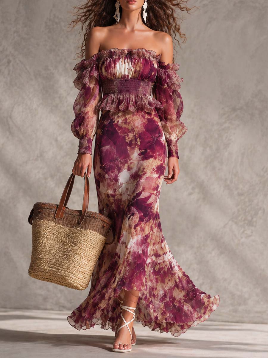 Camille | Floral Off | Shoulder Chiffon Maxi Dress