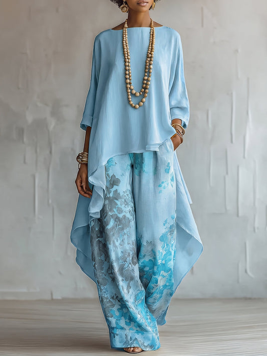 Elara | Blue Asymmetrical Top and Floral Wide-Leg Pants Set