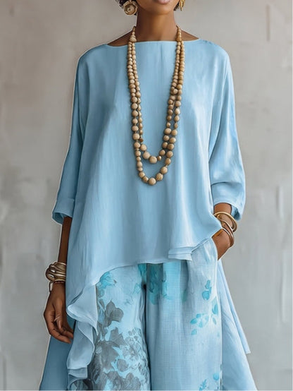 Elara | Blue Asymmetrical Top and Floral Wide-Leg Pants Set