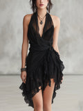 Jennifer | Black Mini Lace Dress with Ruffles and Tie Neckline