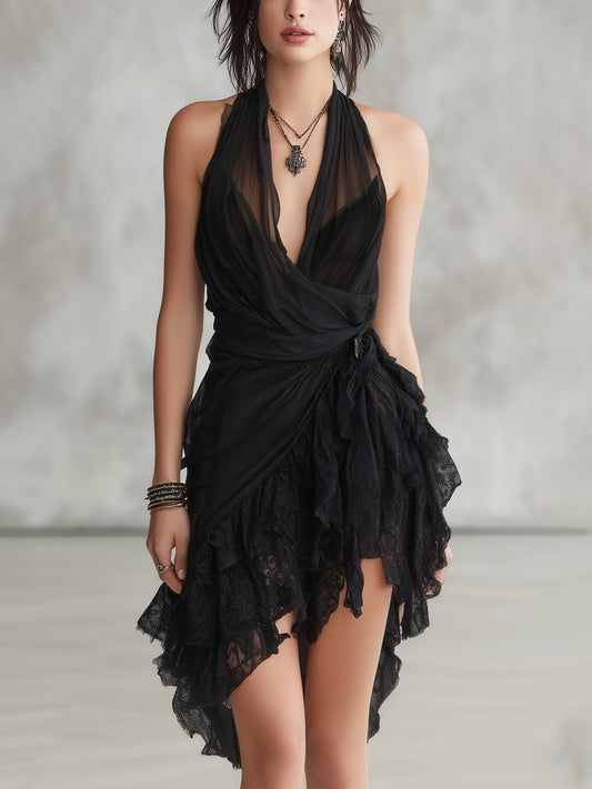Jennifer | Black Mini Lace Dress with Ruffles and Tie Neckline