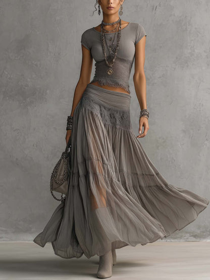 Vesper | Lace | Paneled Top & Pleated Maxi Skirt Set