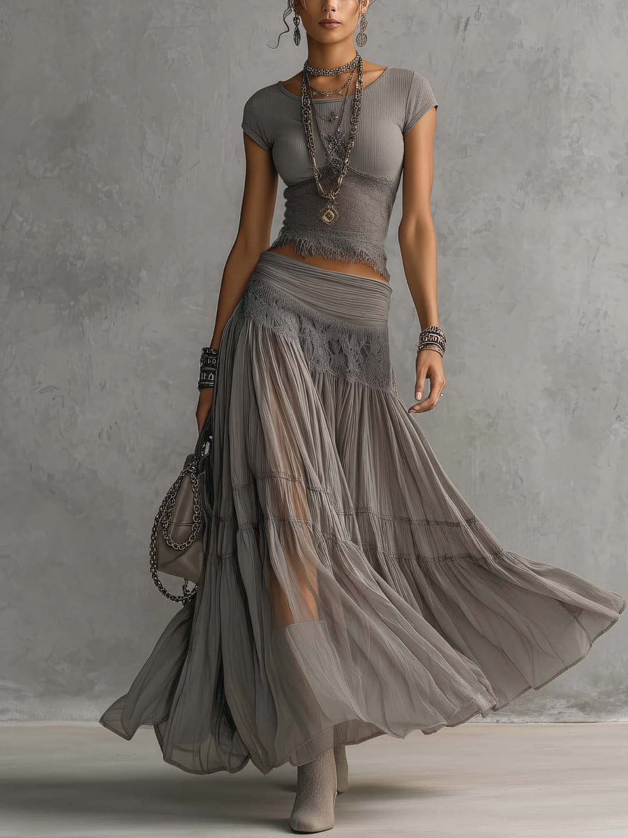 Vesper | Lace | Paneled Top & Pleated Maxi Skirt Set
