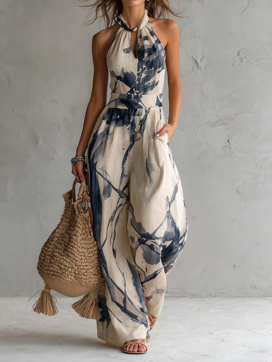 Juno | Ink | Wash Halter Wide | Leg Jumpsuit